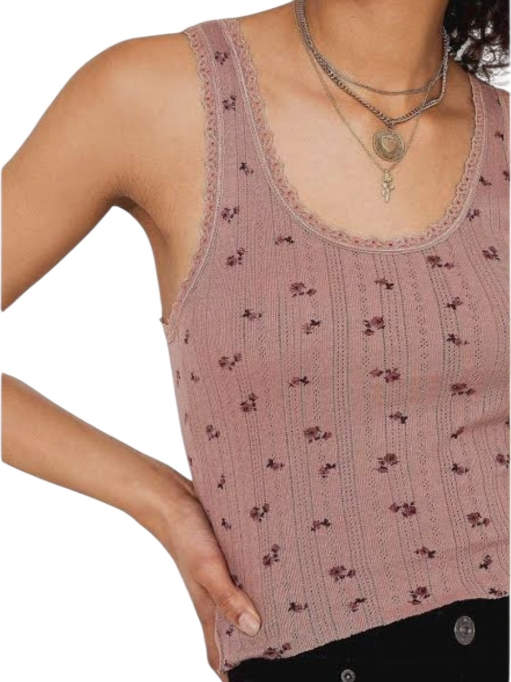 Urban Outfitters Mauve Floral Lace-Trim Ribbed Tank